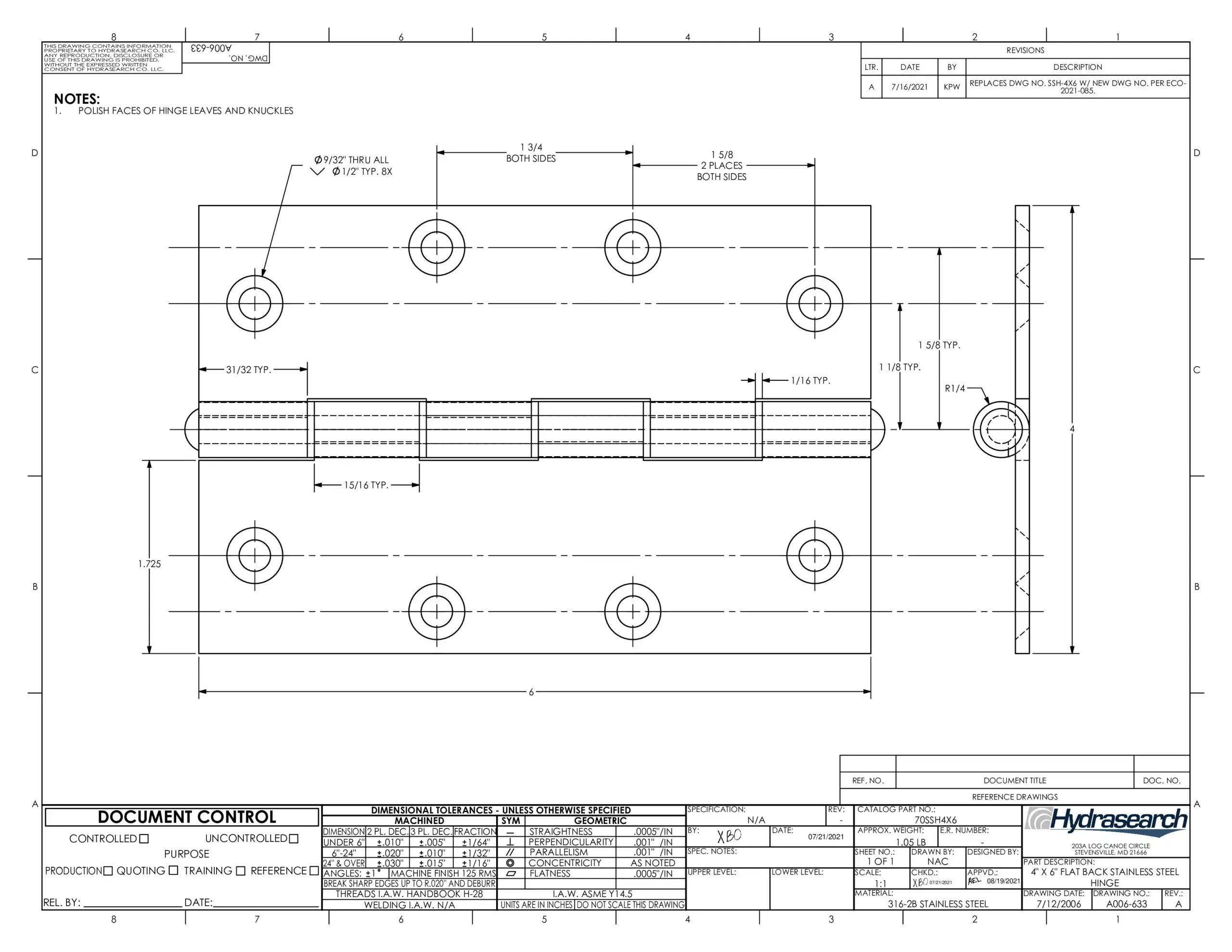 70SSH4X6 – 316 Stainless Steel Transom Door Hinges